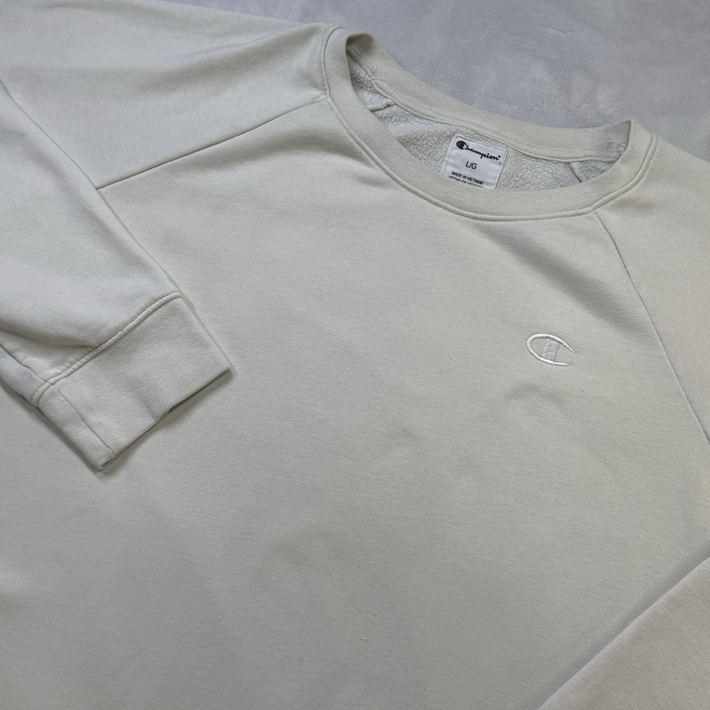 Champion mens large cream crewneck sweatshirt embroidered logo raglan pullover